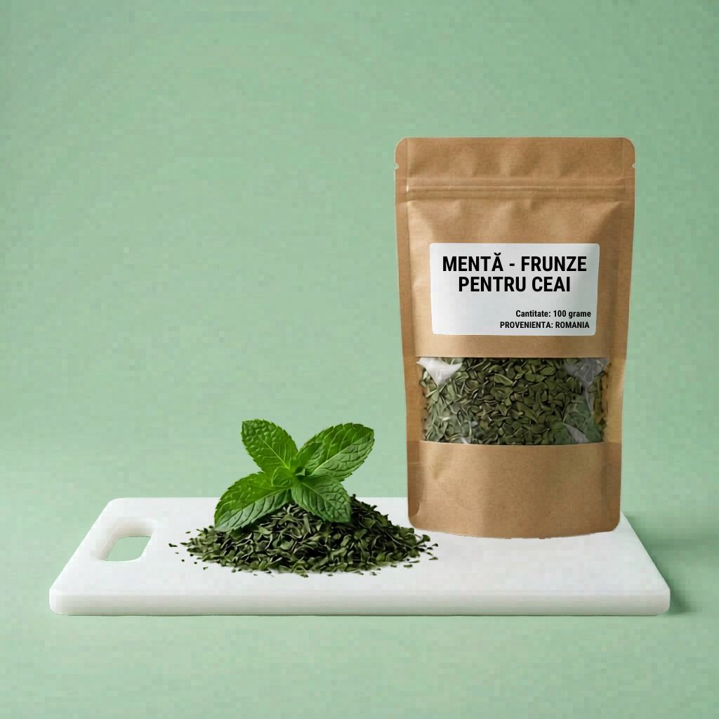 O movilă cu frunze uscate de mentă și o pungă de hârtie, cu etichetă mare albă, plină cu frunze uscate uscate de mentă, așezate artistic pe un blat alb frumos de plastic, totul pe un fundal de culoare verde-pal, plăcut la vedere