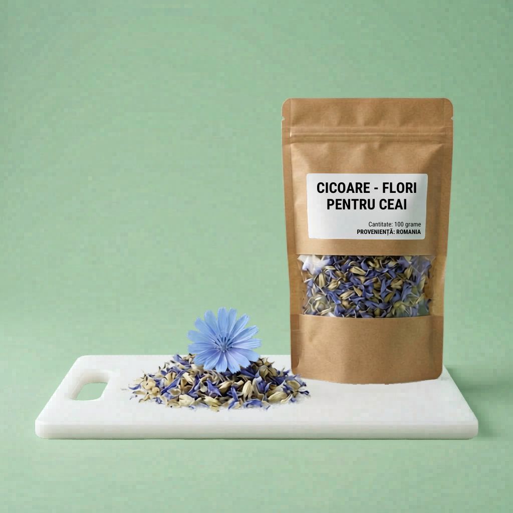 O movilă cu flori uscate de cicoare și o pungă de hârtie, cu etichetă mare albă, plină cu flori uscate de cicoare, așezate artistic pe un blat alb frumos de plastic, totul pe un fundal de culoare verde-pal, plăcut la vedere